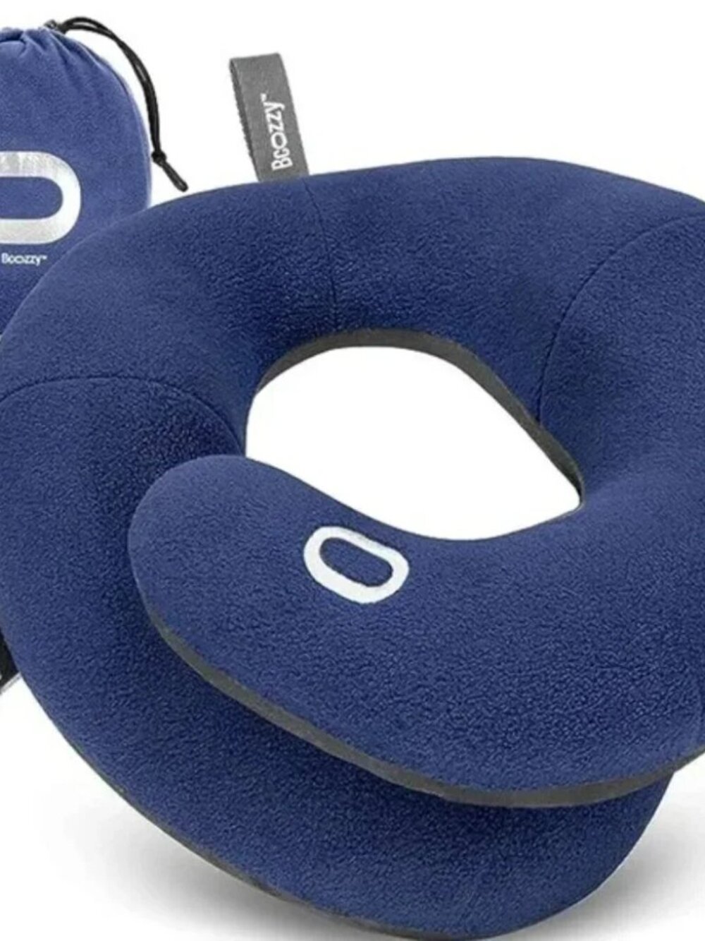 Travel Neck Pillow BCozzy Adjustable with storage bag. Blue Gray Adult Large